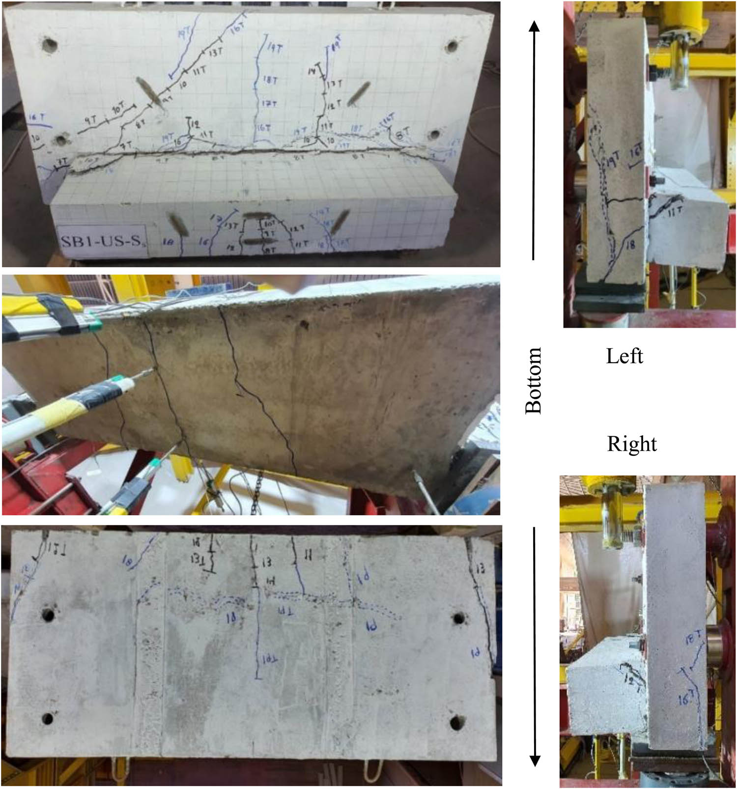 Figure 9 
                  Cracking pattern and failure mechanism of L-spandrel beams.
               