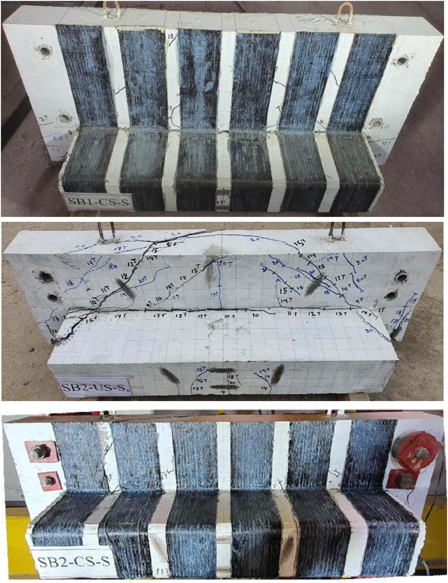 Figure 9 
                  Cracking pattern and failure mechanism of L-spandrel beams.
               
