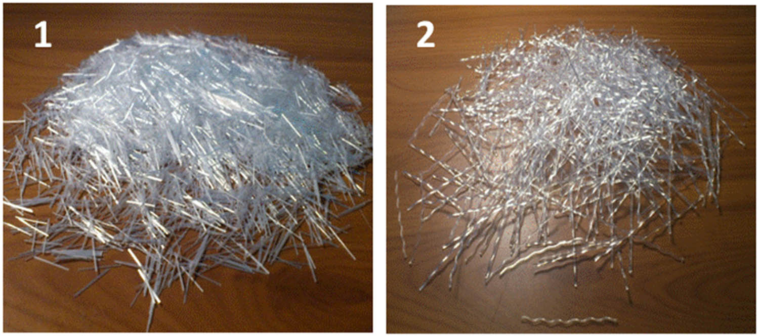 Figure 2 
                  Fibers used in this study: (1) GF and (2) PPF.
               