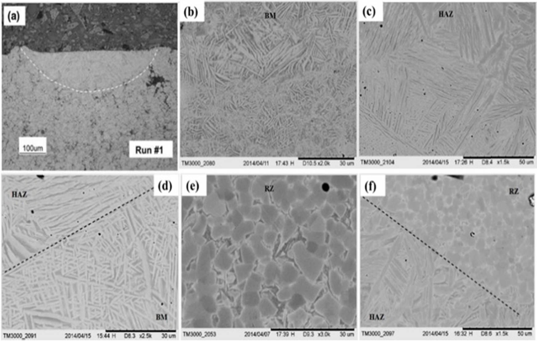 Figure 14 
                  (a) Optical micro-graphical view of the cross-section of CS Ti deposit after LRM [16]. (b–f) SEM micro-graphical view of CS Ti deposit at various regions: (b) BM, (c) HAZ, (d) transition region between BM and HAZ, (e) remelted region (RZ), and (f) transition region between HAZ and RZ [39].
               