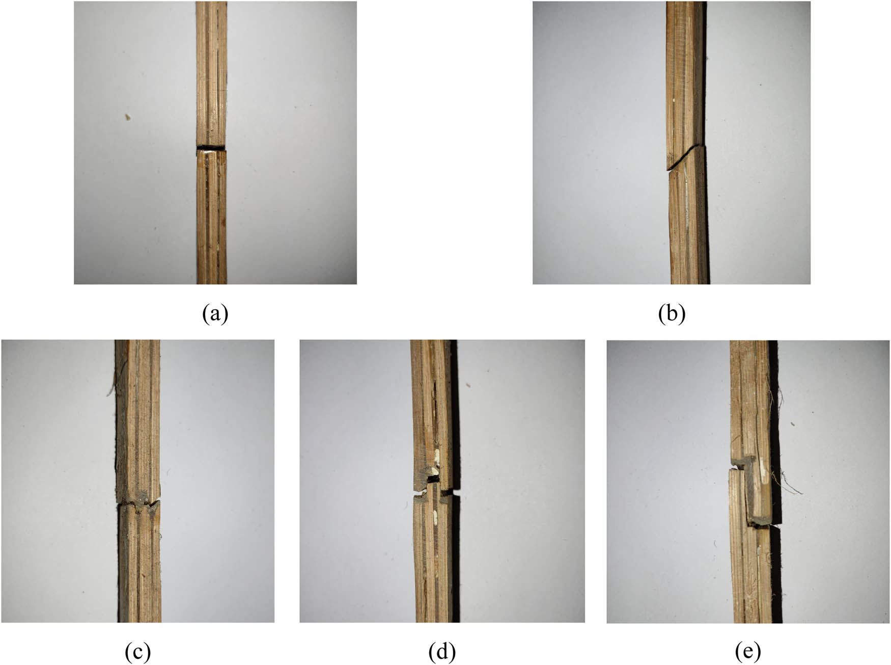 Figure 11
Macrography of tensile test specimens: (a) butt joint, (b) scarf joint, (c) finger joint, (d) tongue and groove joint, and (e) desk joint.