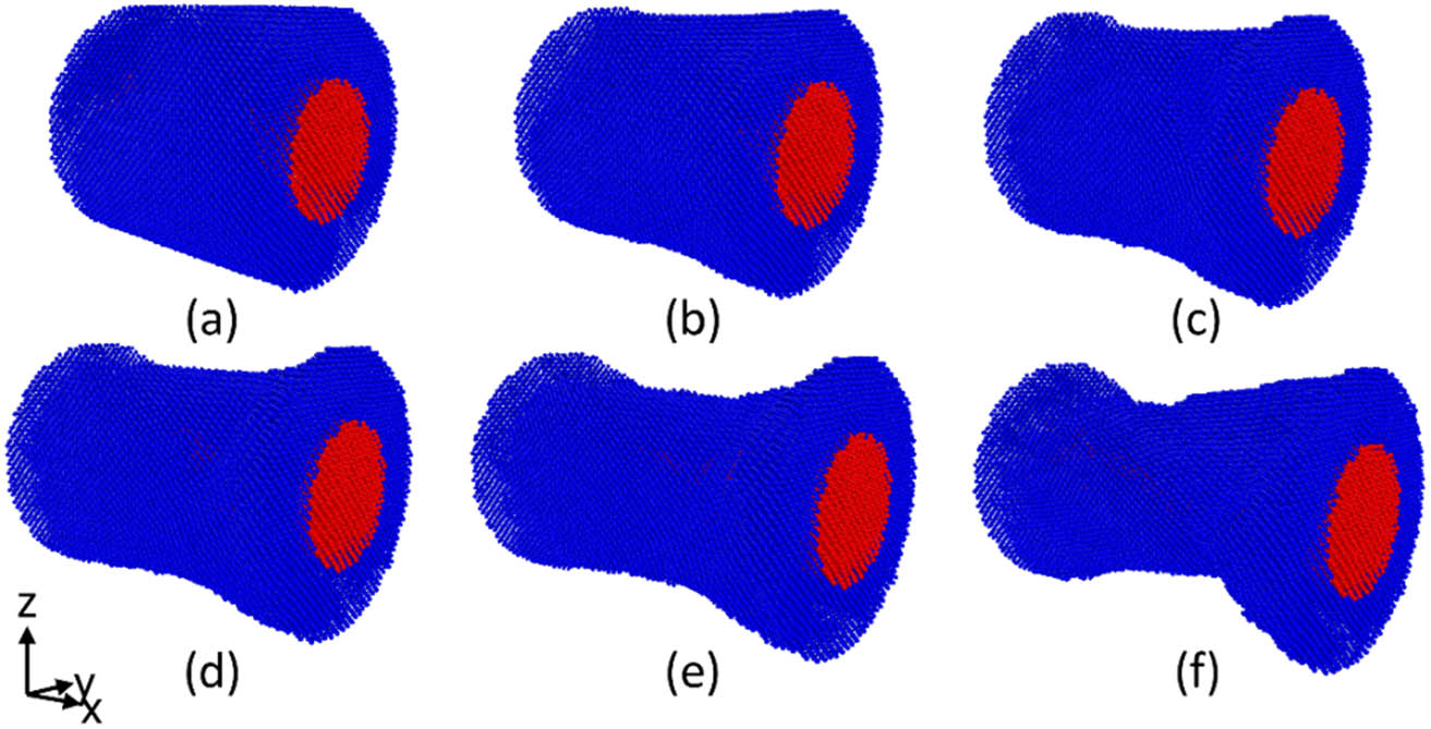 Figure 2
Various stages of the uniaxial tensile loading. (a) ε = 0, (b) ε = 0.05, (c) ε = 0.15, (d) ε = 0.20, (e) ε = 0.25, (f) ε = 0.3.
