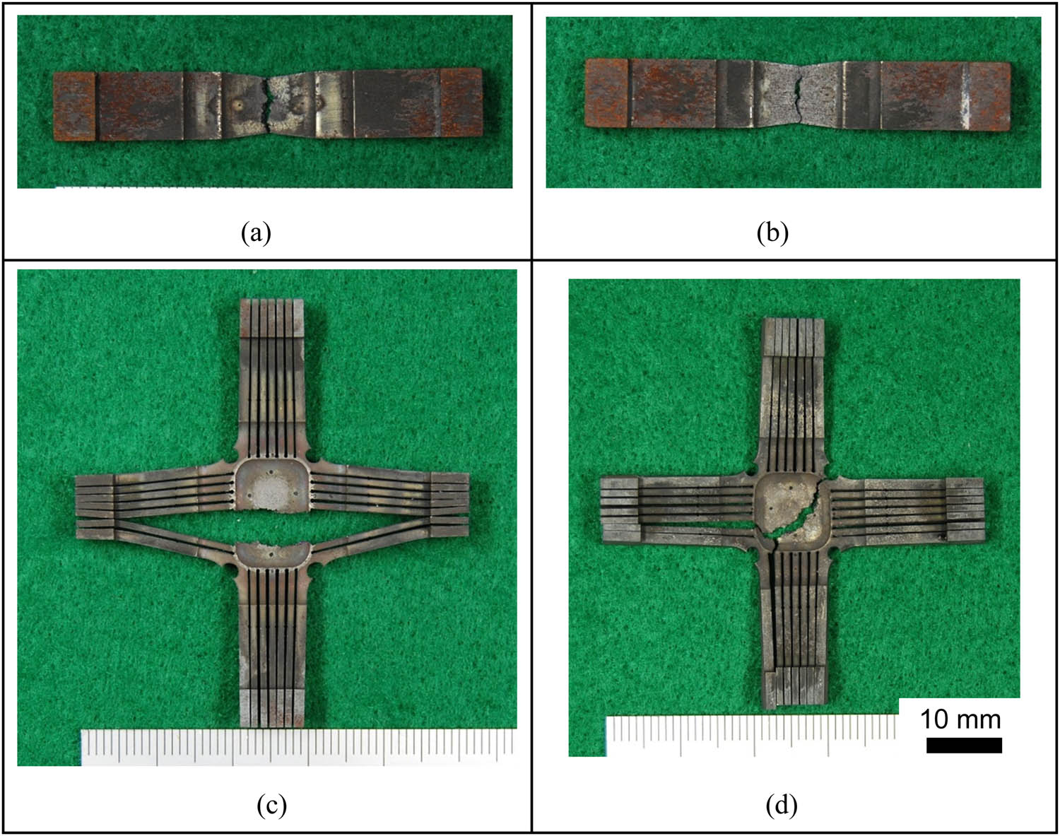 Figure 4
Overall photographs of ruptured specimens: (a) λ = 0, σ = 200 MPa, (b) λ = 0, σ = 180 MPa, (c) λ = 1, σ
eq = 200 MPa, and (d) λ = 1, σ
eq = 180 MPa.