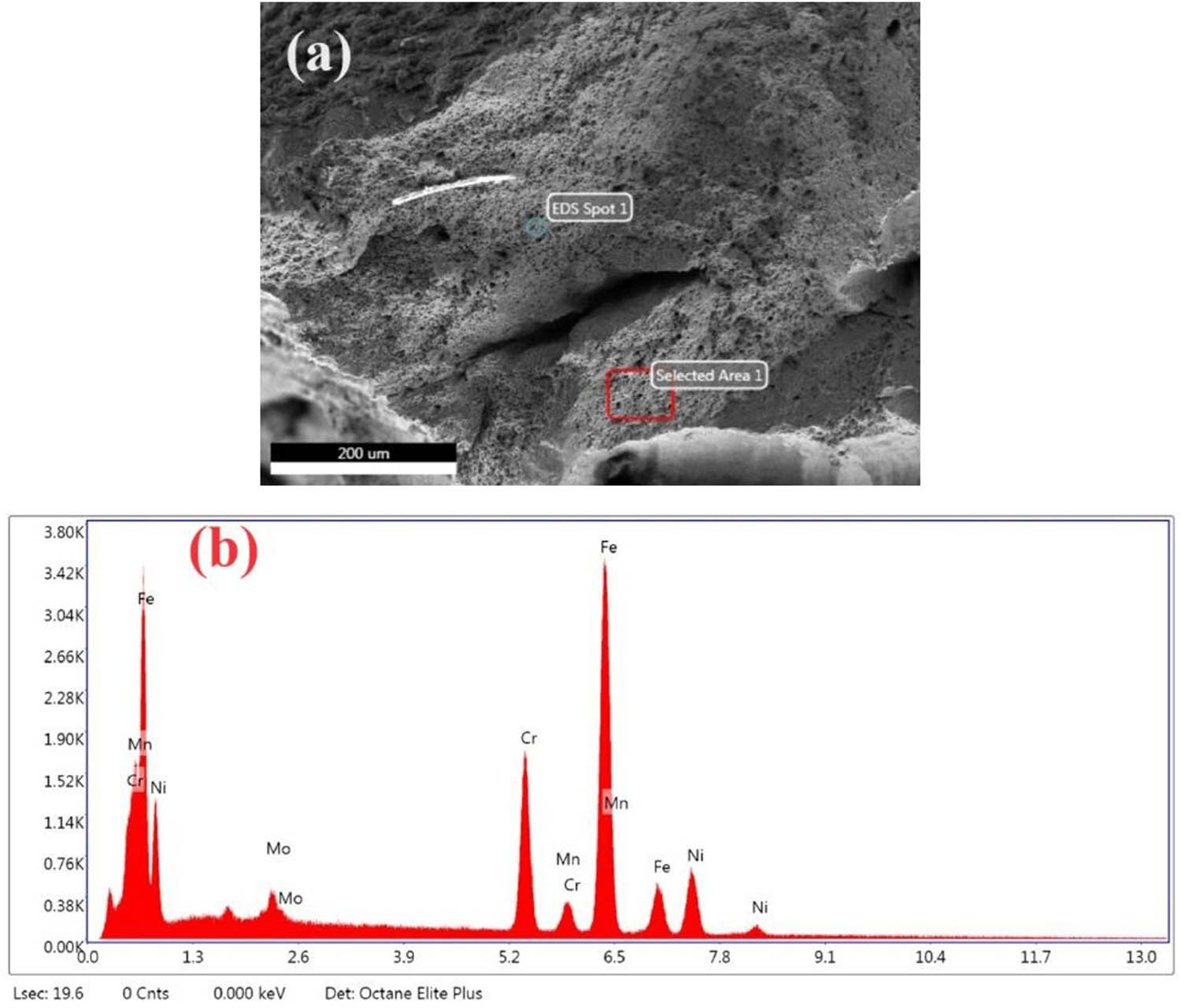 Figure 14
(a) SEM image of specimen-6 at the fracture and (b) its chemical composition distribution by EDAX.