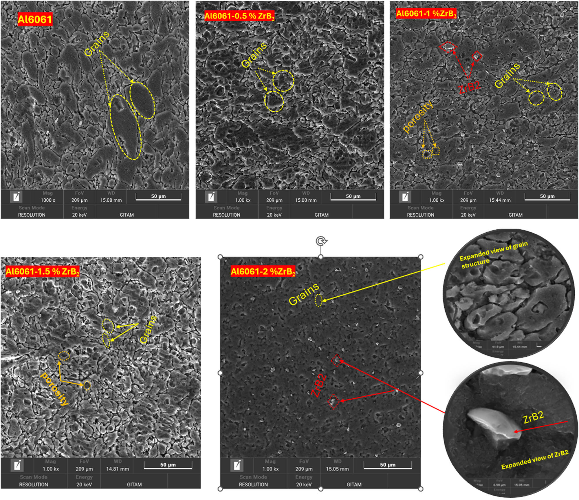 Figure 5 
                  FESEM images of Al6061-ZrB2 nanocomposites.
               