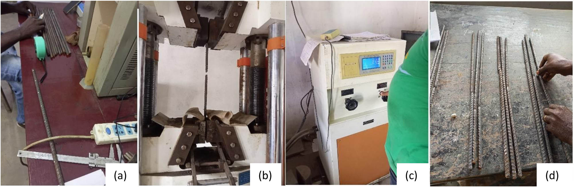 Figure 6 
                  Characterization tests of HB steels for shaping connectors; (a) marking of samples before tensile tests; (b) & (c) steel fracture after tensile tests on a 1000t mechanical tensile and press data acquisition center; and (d) evaluation of the breakage of the bars after tensile tests.
               