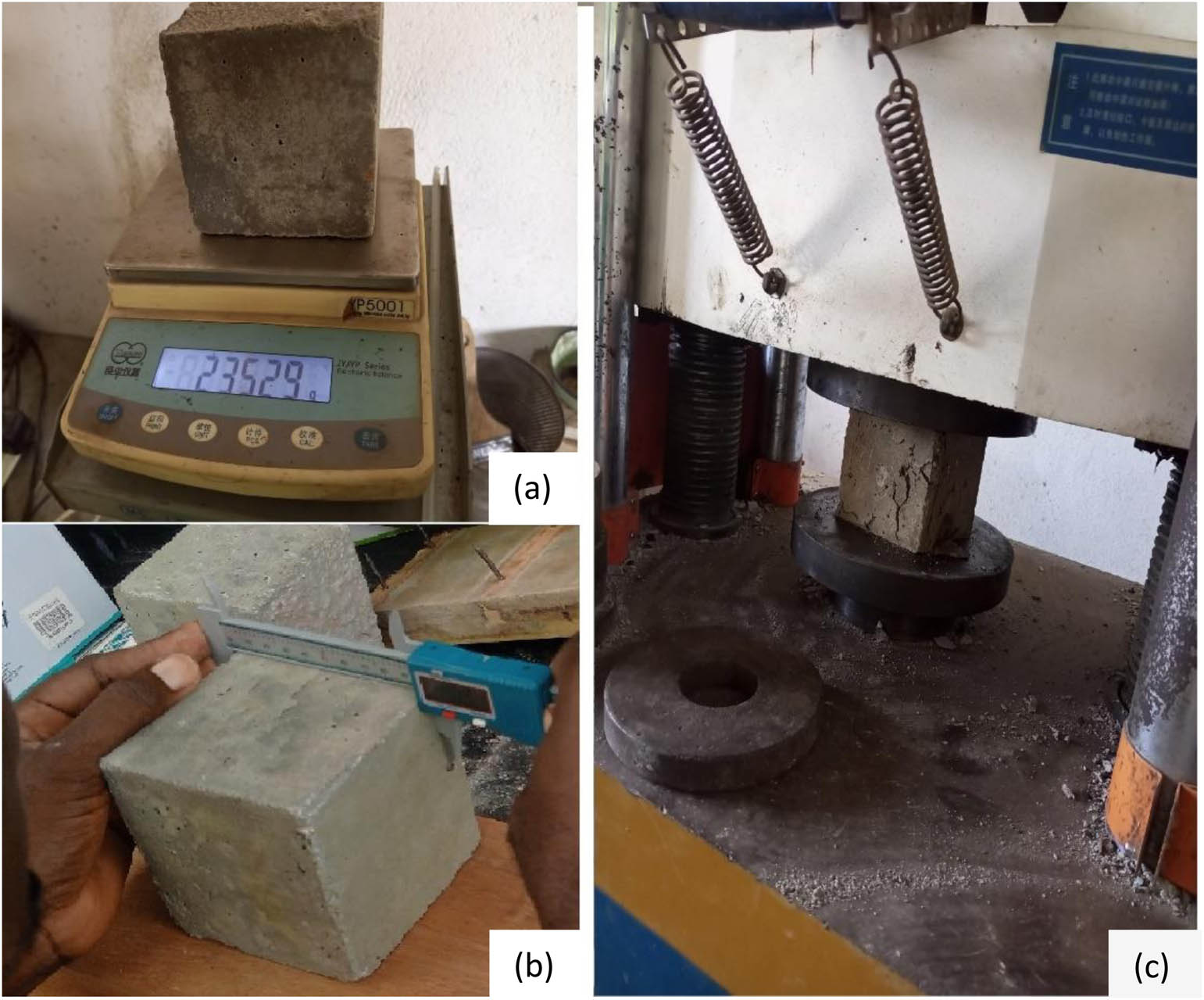 Figure 7 
                  Physical and mechanical characterization of concrete; (a) weighty of cubic specimens on a precision scale; (b) reading the dimensions of the test specimens with digital caliper; and (c) compression test on cubic specimens.
               