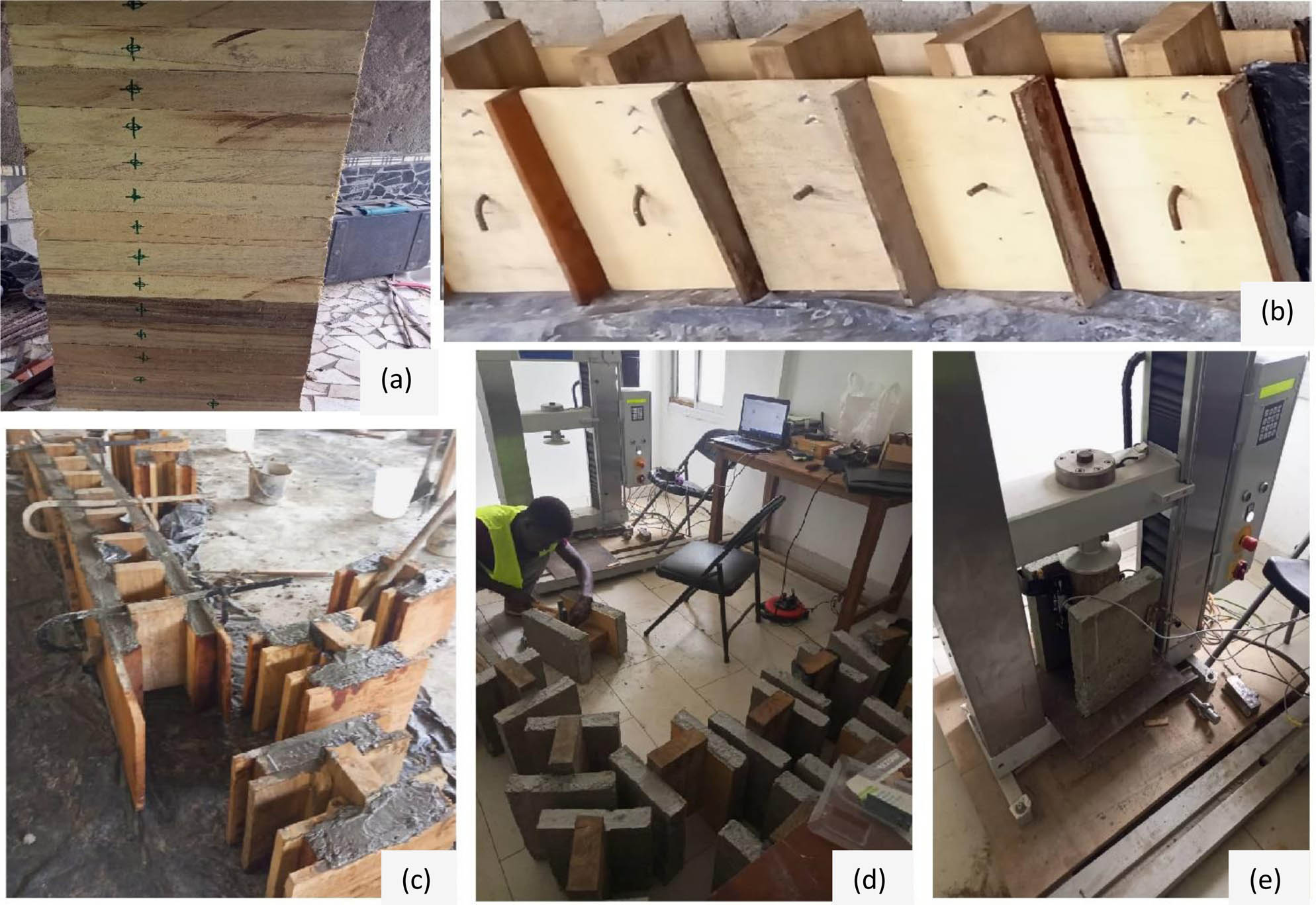 Figure 10 
                  Specimens preparation for double push out tests: (a) marking and pre-drilling of timbers; (b) insertion of connectors in timbers; (c) formwork and concreting of specimens; (d) preparation of the specimens for Push Out tests, installation of potentiometric sensors; and (e) installation of specimens for push out tests on the electromechanical press.
               