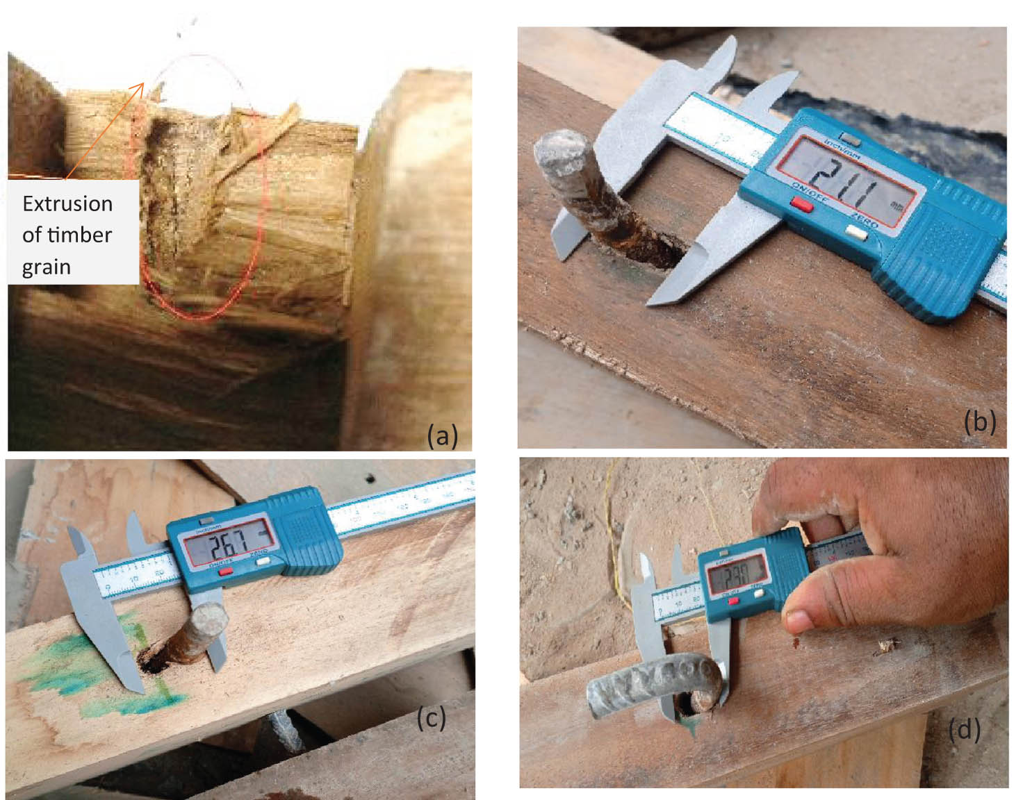 Figure 15 
                  Failure of the timber-connector: (a) extrusion of timber grain by the connector; (b) embedment of straight connector on Dabema timber specie; (c) embedment of straight connector on Ayous timber specie; and (d) embedment of 90° head curved connector on Dabema timber specie.
               