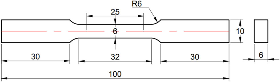 Figure 7 
                  Schematic illustration of the flat tensile specimen.
               