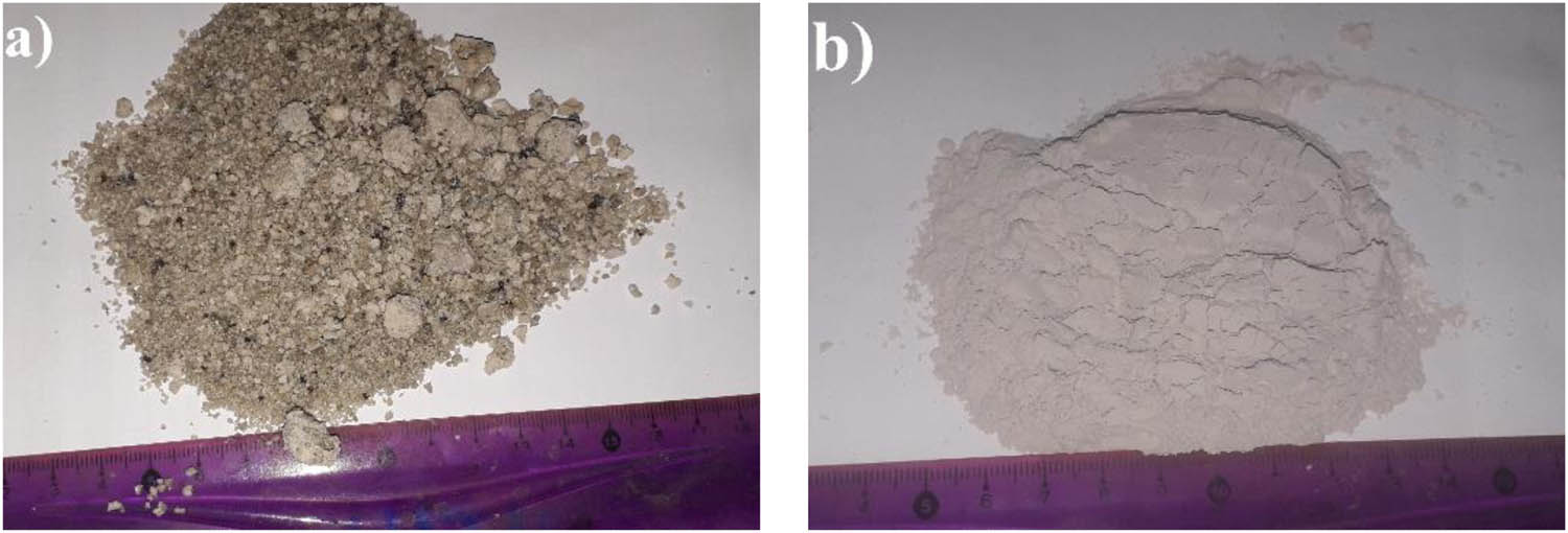 Figure 1 
                  Experiment materials: (a) GBFS of the steel complex of El-Hadjar (Algeria) and (b) GGBFS.
               