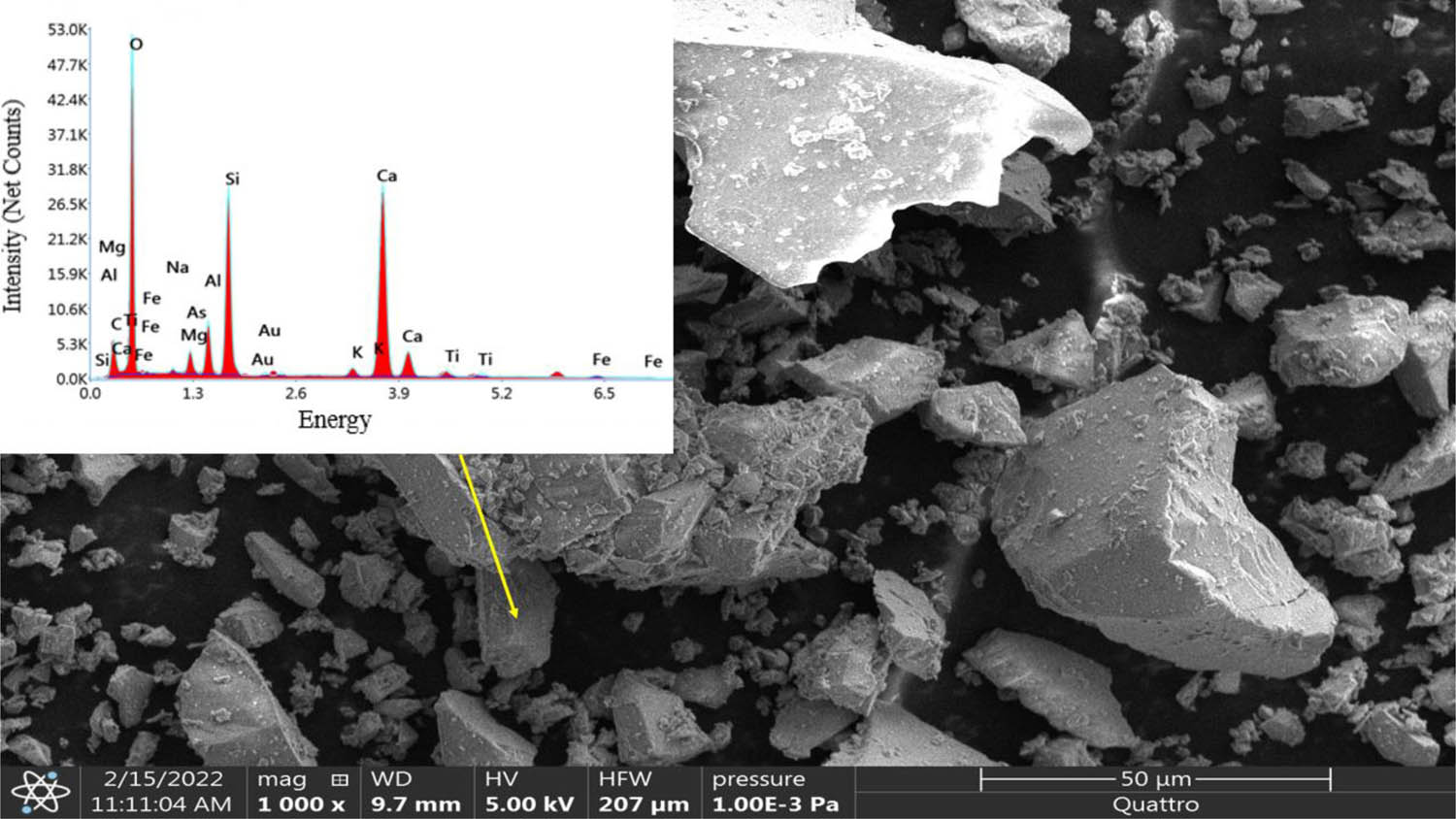 Figure 2 
                  Morphology of Algerian GGBFS performed with SEM-EDS.
               