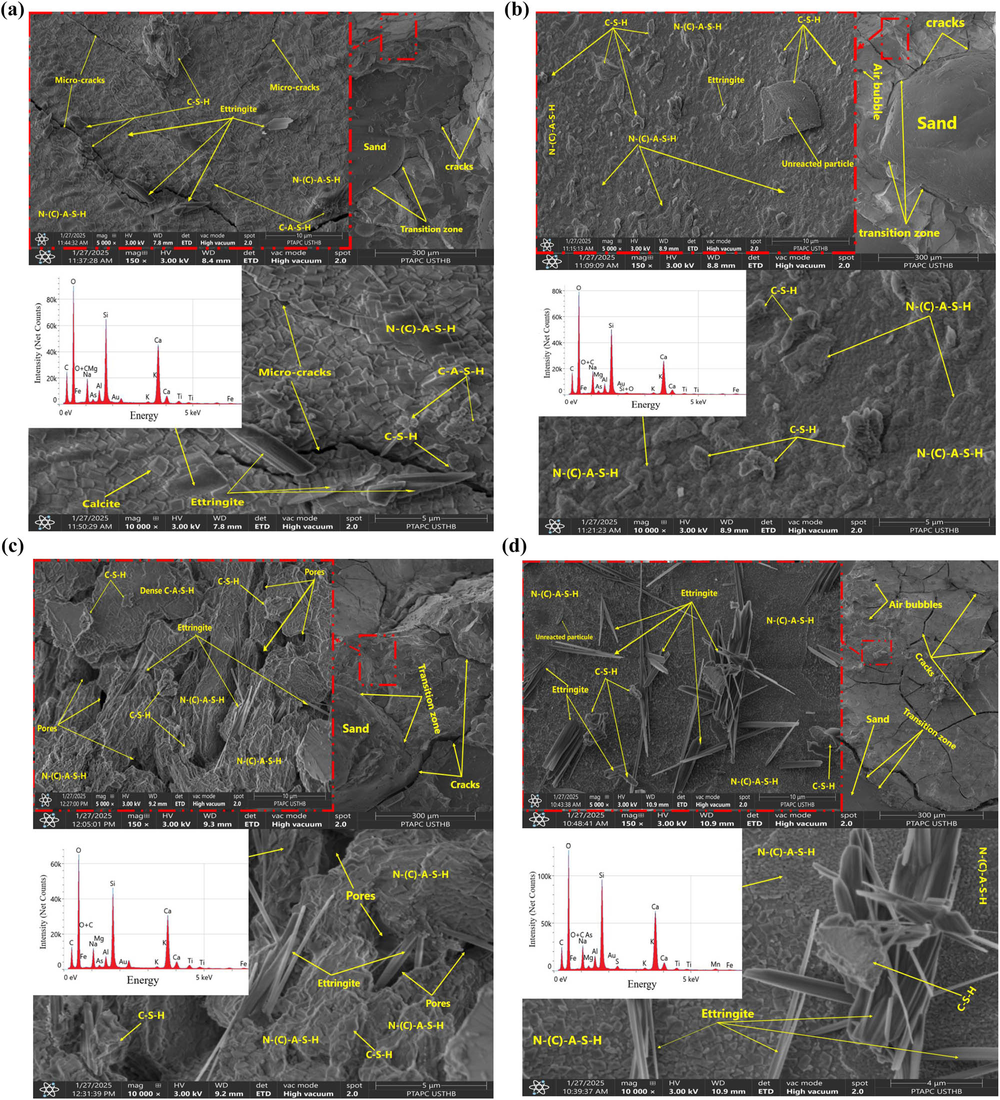 Figure 13 
                     (a) SEM micrographs with EDS analysis of GP mortar corresponding to G-6 mix after 90 days of curing at 20°C, (b) SEM micrographs with EDS analysis of GP mortar corresponding to G-4 mix after 90 days of curing at 20°C, (c) SEM micrographs with EDS analysis of GP mortar corresponding to G-8 mix after 90 days of curing at 20°C, and (d) SEM micrographs with EDS analysis of GP mortar corresponding to G-10 mix after 90 days of curing at 20°C.
                  
