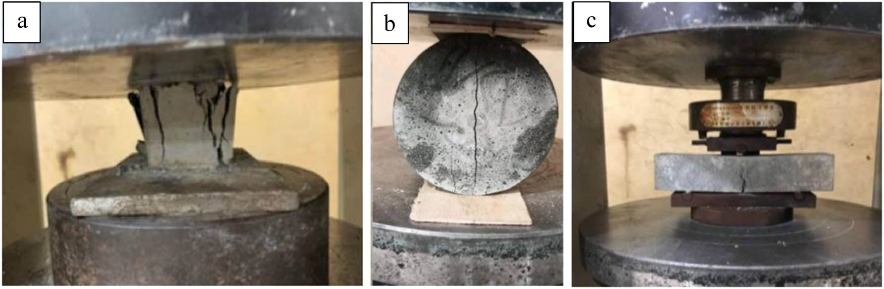 Figure 2 
                  Samples at failure: (a) compressive test, (b) splitting tensile test, and (c) flexural test.
               