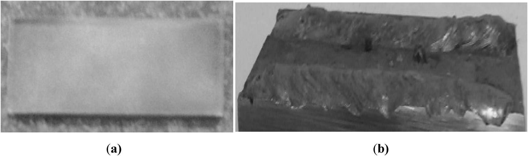 Figure 1 
               Selected base metal and the deposit of weld. (a) Base metal, (b) weld deposit.
            