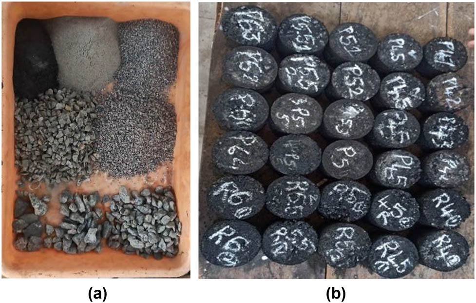Figure 7 
                  (a) Ingredient used for the mix and (b) prepared samples.
               