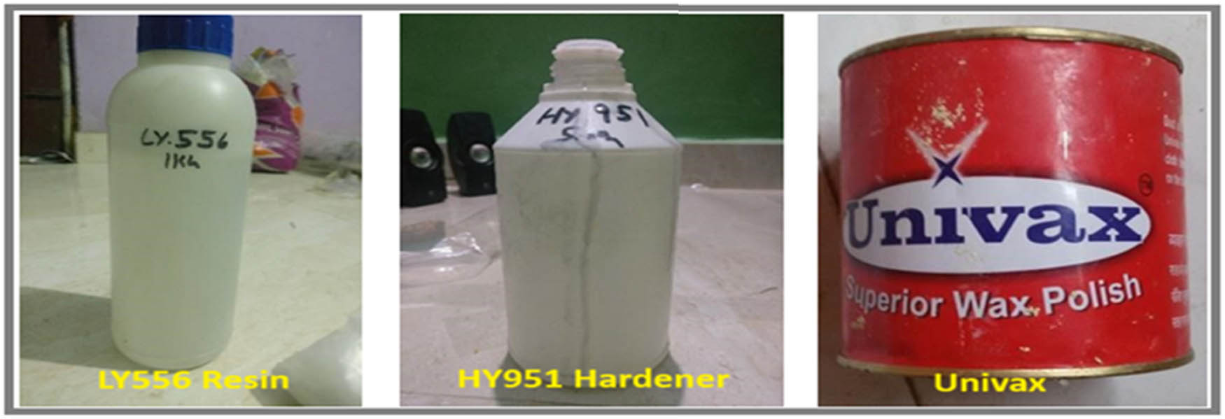 Figure 2 
                  Resins and hardener used in fabrication.
               