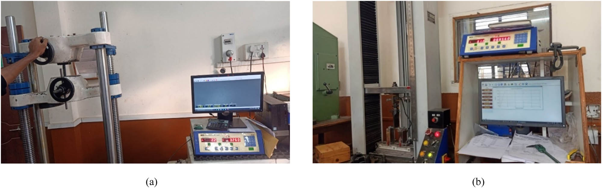 Figure 6 
                  (a) UTM setup and (b) CNC machine setup.
               