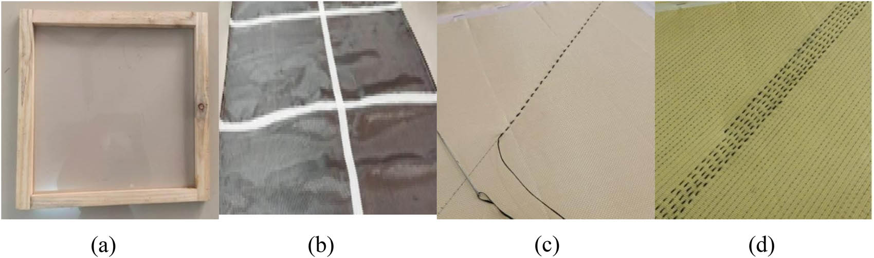 Figure 1 
               (a) Wooden frame. (b) 2D fabric marked to cut for the dimensions of wooden frame. (c) Woven binder yarn in the diagonal direction. (d) Uniformly spaced binder yarn in the fabric.
            