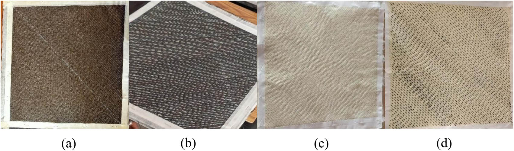 Figure 2 
               Woven (a) CCC, (b) CCK, (c) KKK, and (d) KKC fabrics.
            