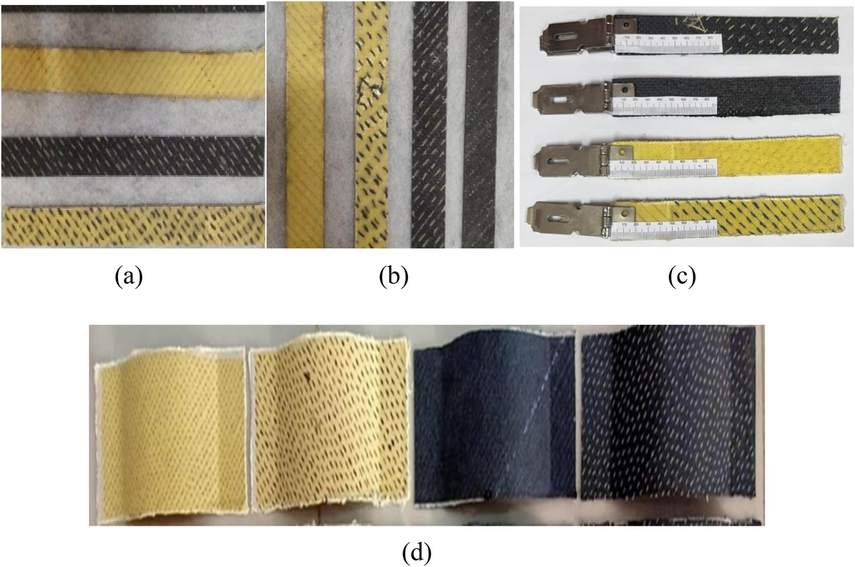 Figure 3 
                  Prepared specimens for the (a) tensile test, (b) flexural test, (c) fracture toughness test, and (d) impact test.
               