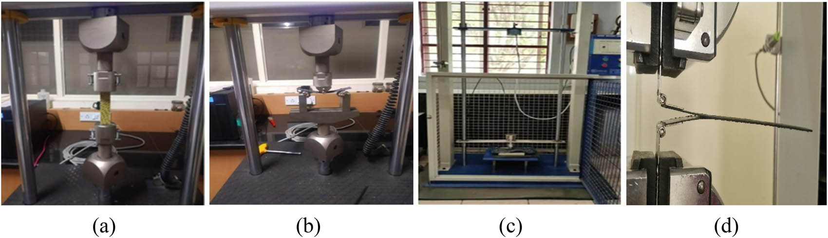 Figure 4 
                  Experimental setup for the (a) tensile test, (b) flexural test, (c) impact rest, and (d) fracture toughness test.
               
