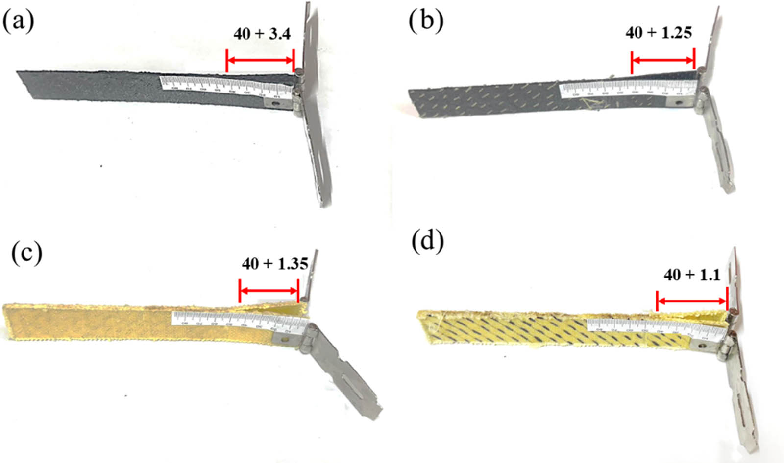 Figure 8 
                  Tested specimens of the fracture toughness test: (a) CCC, (b) CCK, (c) KKK, and (d) KKC.
               