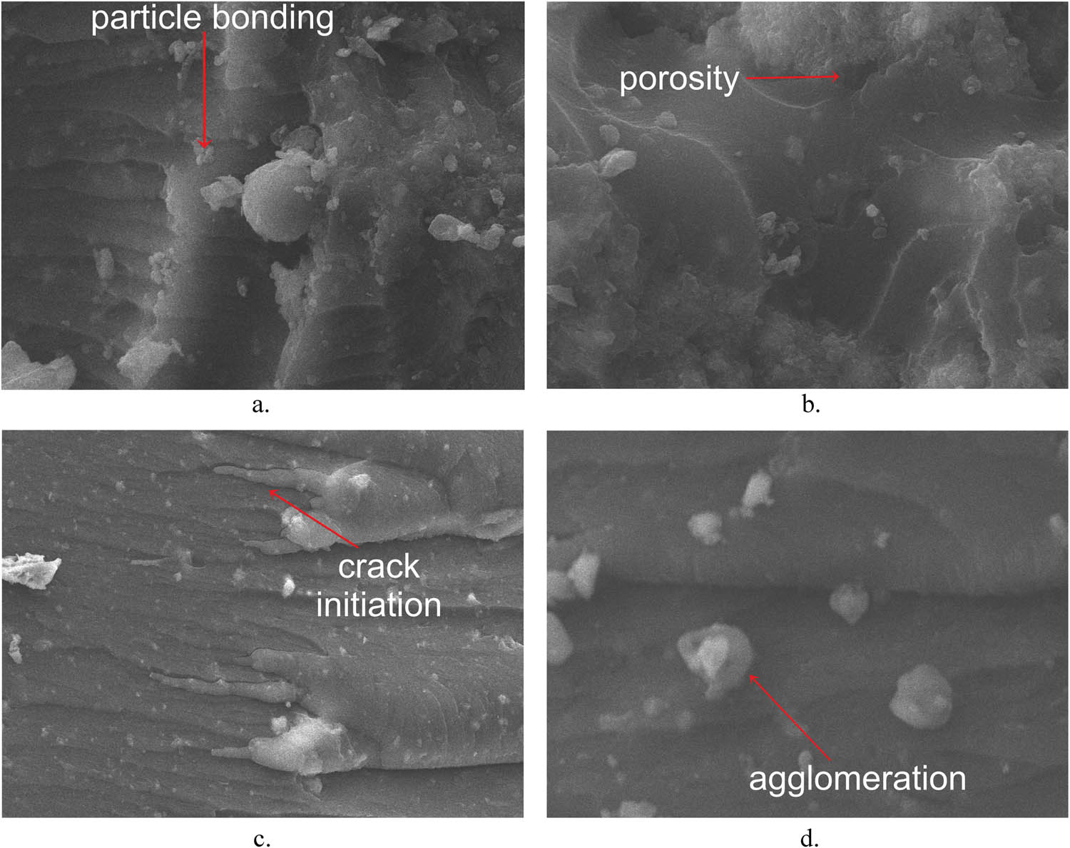 Figure 7
SEM morphology of materials: (a) DRP/1HA4TiO2, (b) DRP/2HA3TiO2, (c) DRP/3HA2TiO2, and (d) DRP/4HATiO2 in 3,000× magnification.