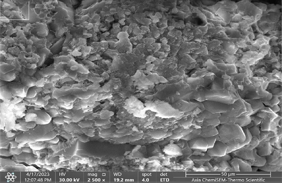 Figure 4 
                  SEM image of the geopolymer filled with 3% n-SiO2 after a 28-day cure procedure.
               