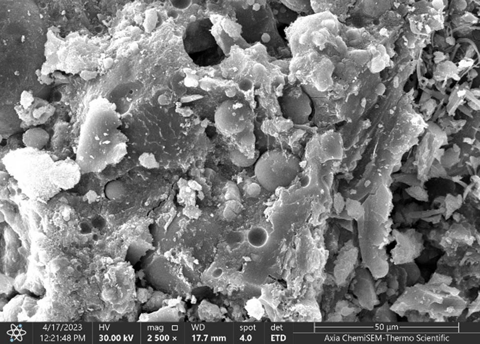 Figure 6 
                  SEM image of the geopolymer filled with 4% n-SiO2 after a 28-day curing procedure.
               