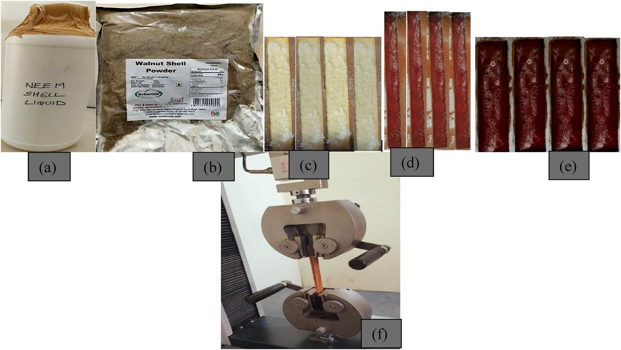Figure 1 
               Neem shell and walnut shell powder along with the pure and filler mixed specimens: (a) neem shell liquid, (b) wall nut shell powder, (c) pure neem shell specimens, (d) tensile specimens of neem shell and wall nut powder, (e) flexural specimens of neem shell and wall nut powder, and (f) tensile testing of composite specimen.
            