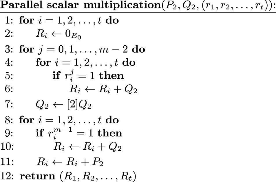 Figure 5 
                  Algorithm to compute 
                        
                           
                           
                              t
                           
                           t
                        
                      coefficients 
                        
                           
                           
                              
                                 
                                    R
                                 
                                 
                                    i
                                 
                              
                              =
                              
                                 
                                    P
                                 
                                 
                                    2
                                 
                              
                              +
                              
                                 [
                                 
                                    
                                       
                                          r
                                       
                                       
                                          i
                                       
                                    
                                 
                                 ]
                              
                              
                                 
                                    Q
                                 
                                 
                                    2
                                 
                              
                           
                           {R}_{i}={P}_{2}+\left[{r}_{i}]{Q}_{2}
                        
                      in parallel.
               