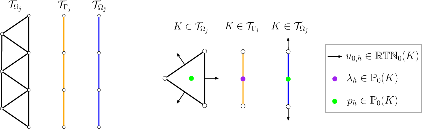Fig. 4 
Left: Matching coupling between the grids 𝓣Ωĵ, 𝓣Γj, and 𝓣Ωǰ. Right: Degrees of freedom involved in the coupling between a 2D higher-dimensional cell, a 1D mortar-cell, and a 1D lower-dimensional cell. Locally, tangential fluxes are approximated using ℝ𝕋ℕ0(K), whereas mortar fluxes and pressures using ℙ0(K).

