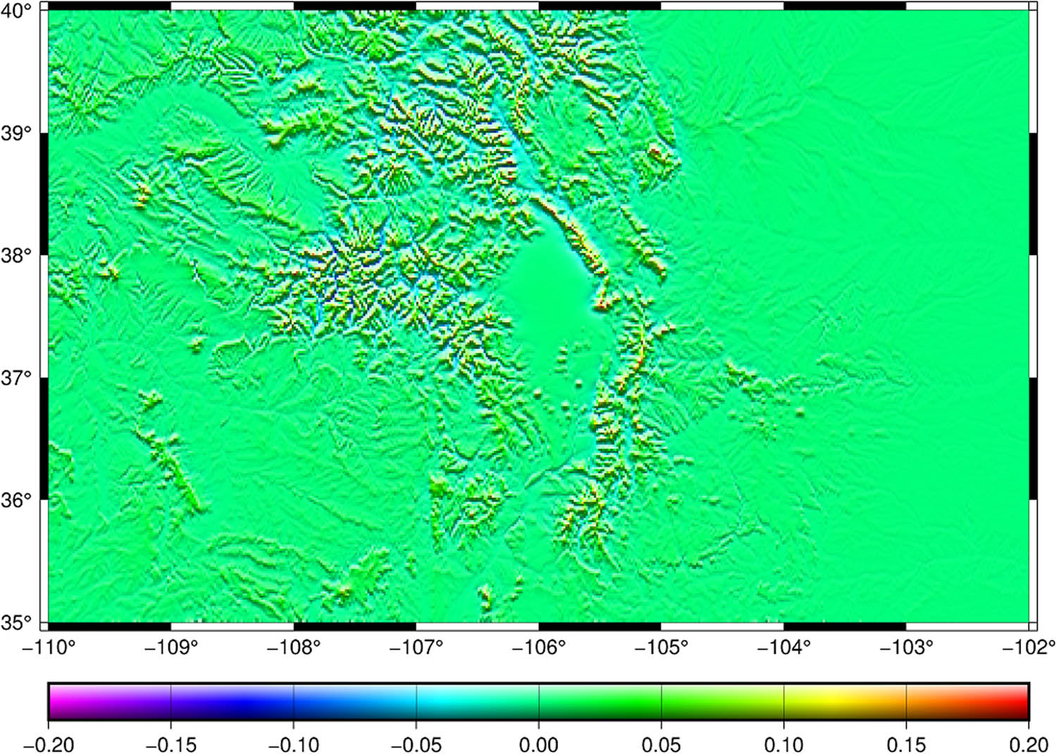 Figure 3 
                  Potential correction. Unit in meters. Mean value = −0.004, Min = −0.190, Max = 0.117, STD DEV = 0.018, and RMS = 0.019.
               