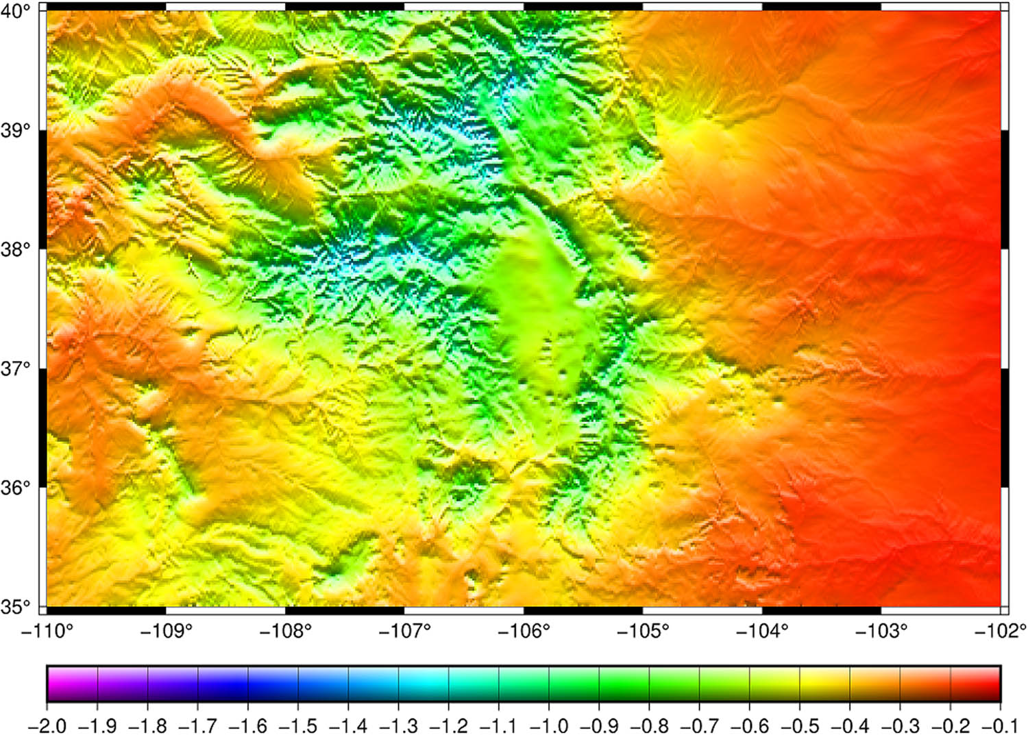 Figure 6 
                  The sGQS. Units in meters. Mean value = −0.458, Min = −1.376, Max = −0.126, Std Dev = 0.230, and RMS = 0.513.
               