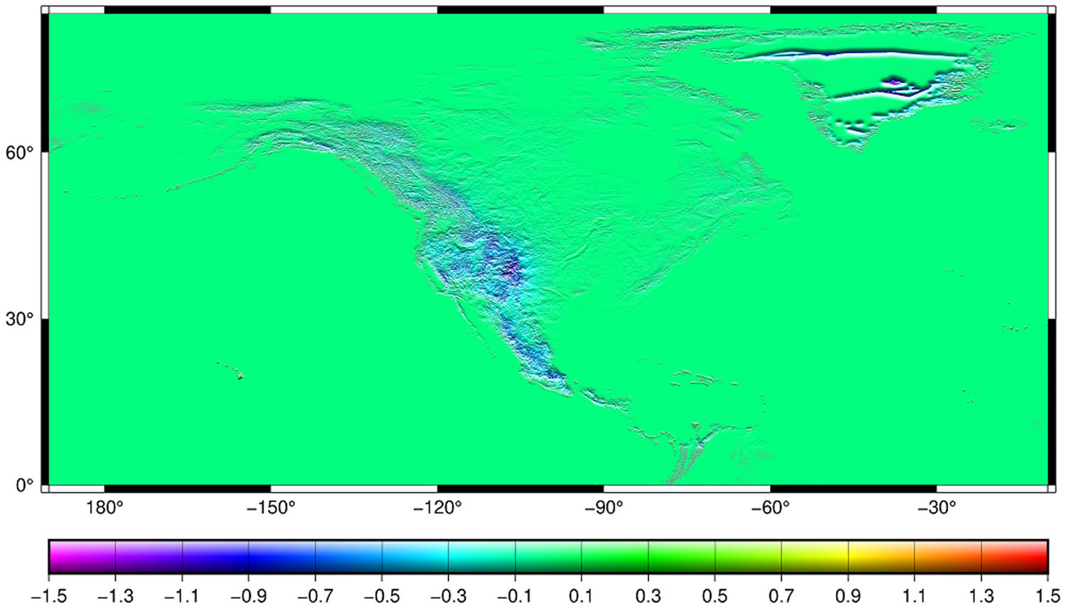 Figure 8 
                  The cGQS in the experimental geoid region. Units in meters. Decimeter to meter separations happen in the rocky mountains. The large corrections in Greenland are due to sparse surface gravity observations, resulting in large errors in the Bouguer anomalies. Improvement will be made in the future by using the ARCGP gravity and the ice thickness data in the area.
               