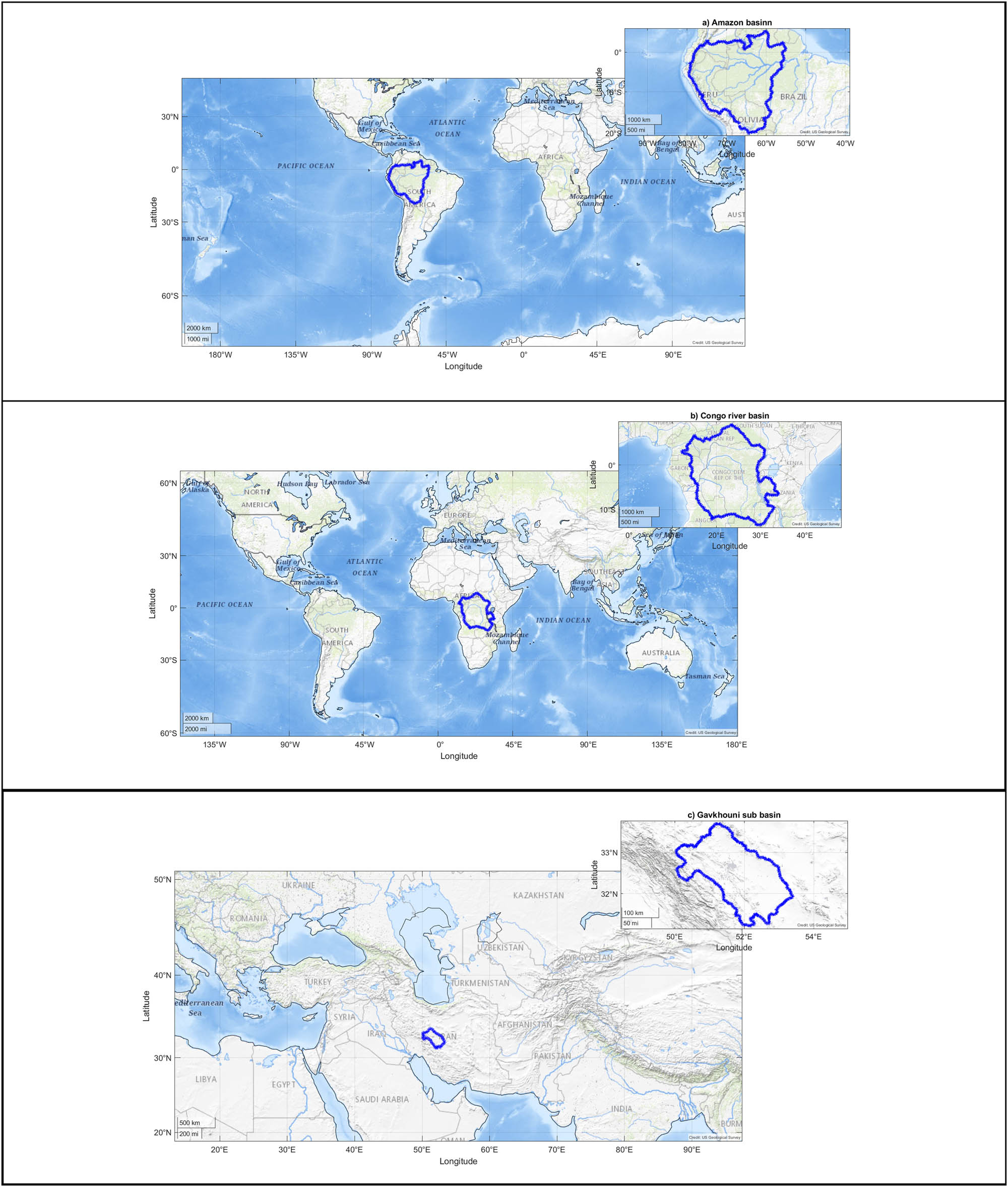 Figure 1 
                  Geographical boundaries of (a) Amazon, (b) Congo, (c) Gavkhouni, (d) Aravalli, (e) Rhine, and (f) Tigris river basins.
               