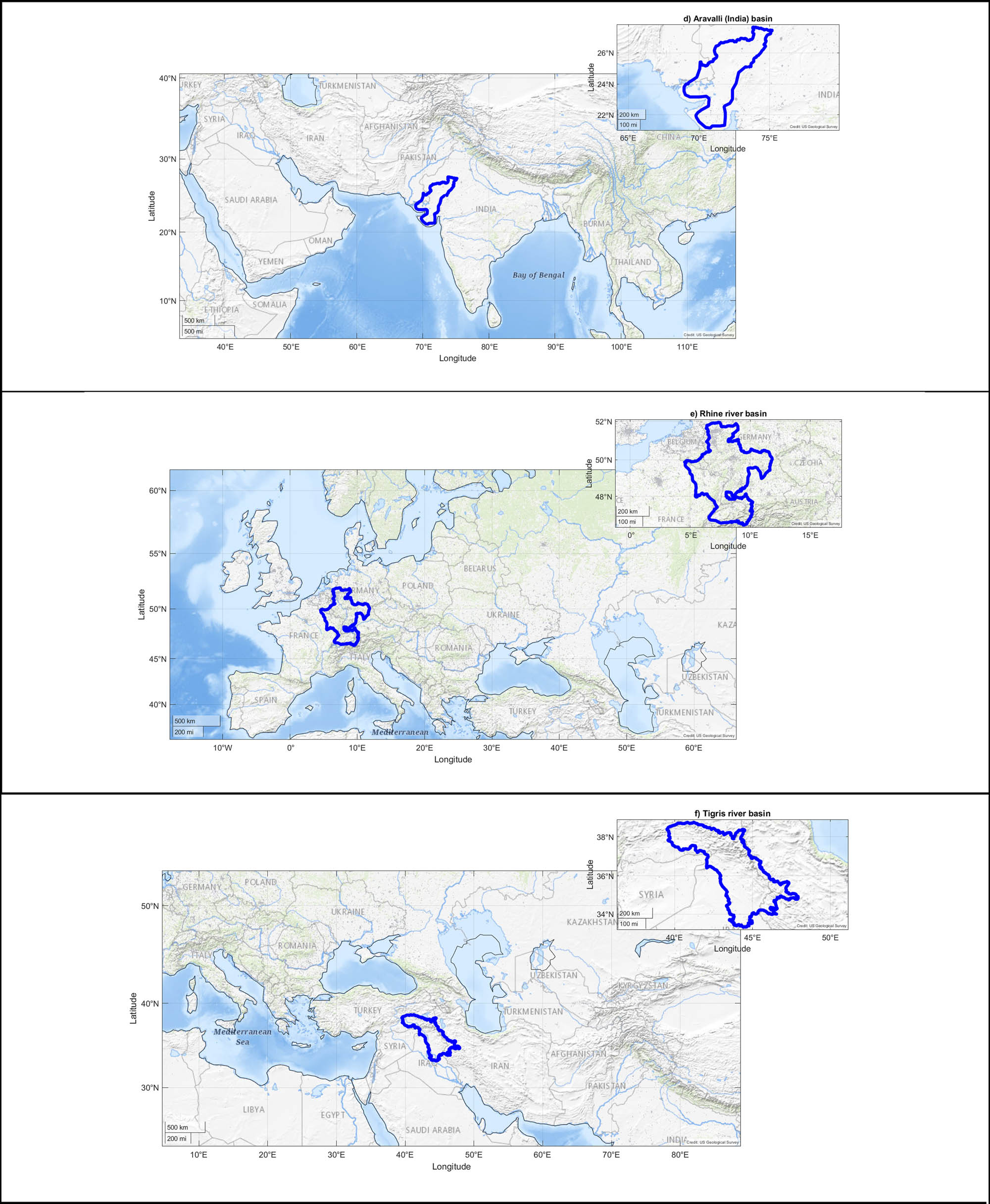 Figure 1 
                  Geographical boundaries of (a) Amazon, (b) Congo, (c) Gavkhouni, (d) Aravalli, (e) Rhine, and (f) Tigris river basins.
               