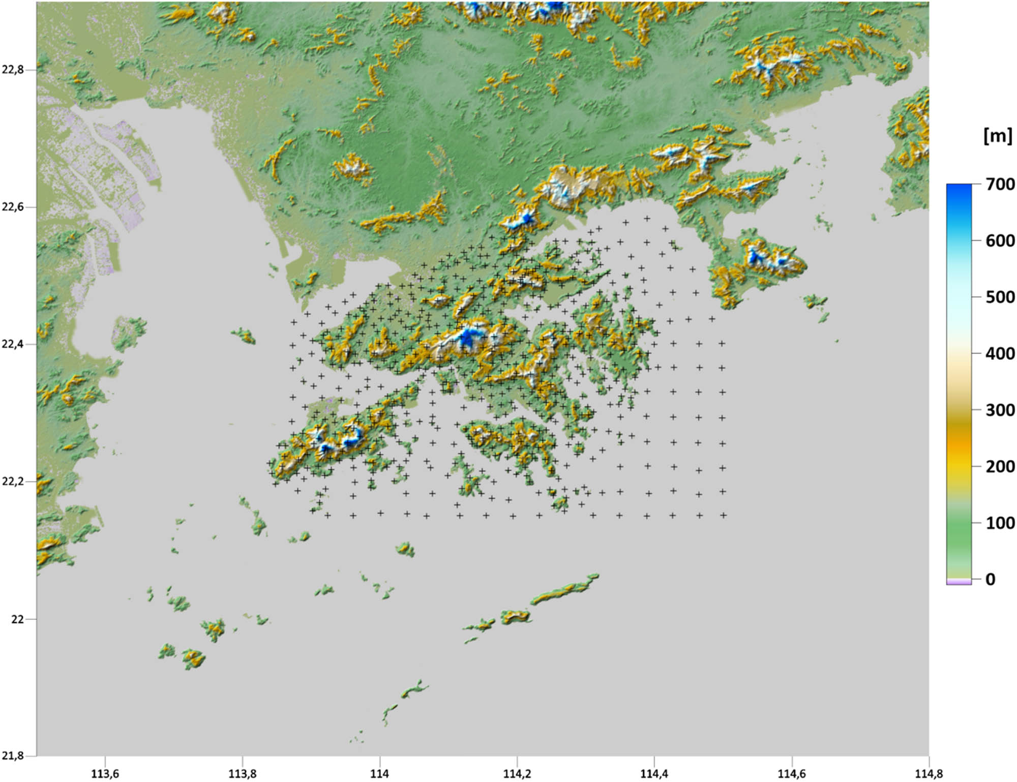Figure 2
The discretized Earth’s topography in the Hong Kong territories and surrounding areas as the bottom boundary of the computational domain (the resolution 0.0005 deg × 0.0005 deg).