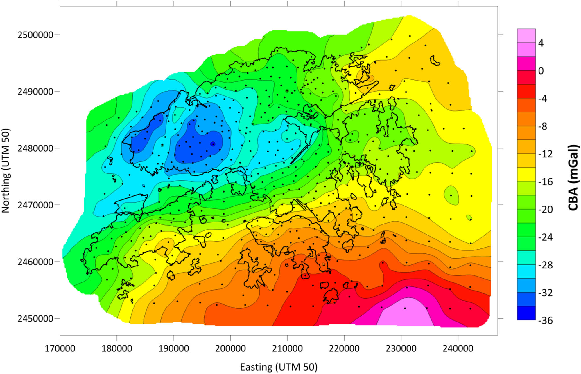 Figure 5
CBA map constructed from available gravity measurements (black dots).