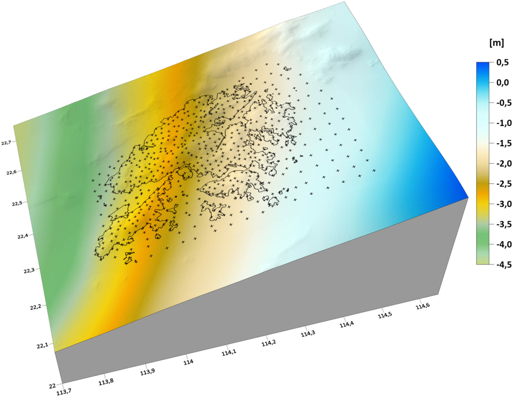 Figure 9
Local quasigeoid model in the Hong Kong territories presented as the FEM numerical solution of FGBVP (with a resolution of 0.0005 deg × 0.0005 deg).