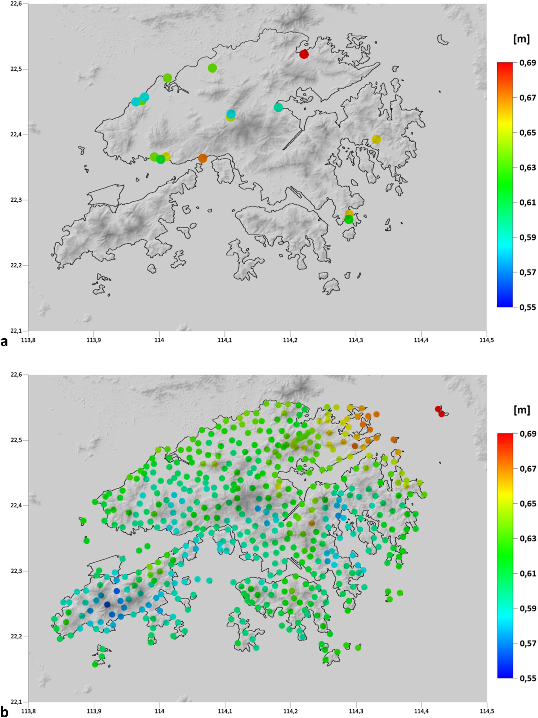 Figure 10
Validation of results: (a) Differences between the gravimetric and geometric quasigeoid heights at 16 GNSS-levelling benchmarks. (b) Differences between the quasigeoid heights obtained by solving FGBVP and computed from the measured gravity anomaly data at 507 gravity sites.