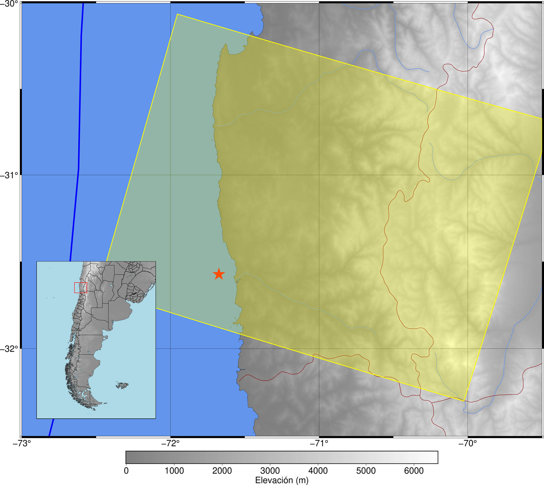 Figure 1
The yellow area is the zone covered by the SAR acquisitions. The red star marks the epicentre. The blue line shows the subduction between Nazca and Sudamerican plates.