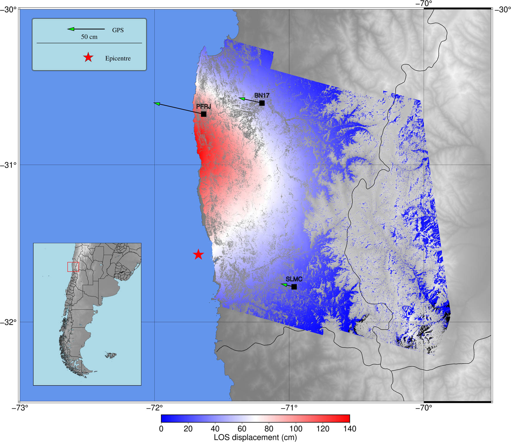 Figure 9
Measured deformation with DinSAR and GNSS in the LOS direction. The arrows show the magnitude of the GNSS displacement projected along the direction of the LOS of the satellite.