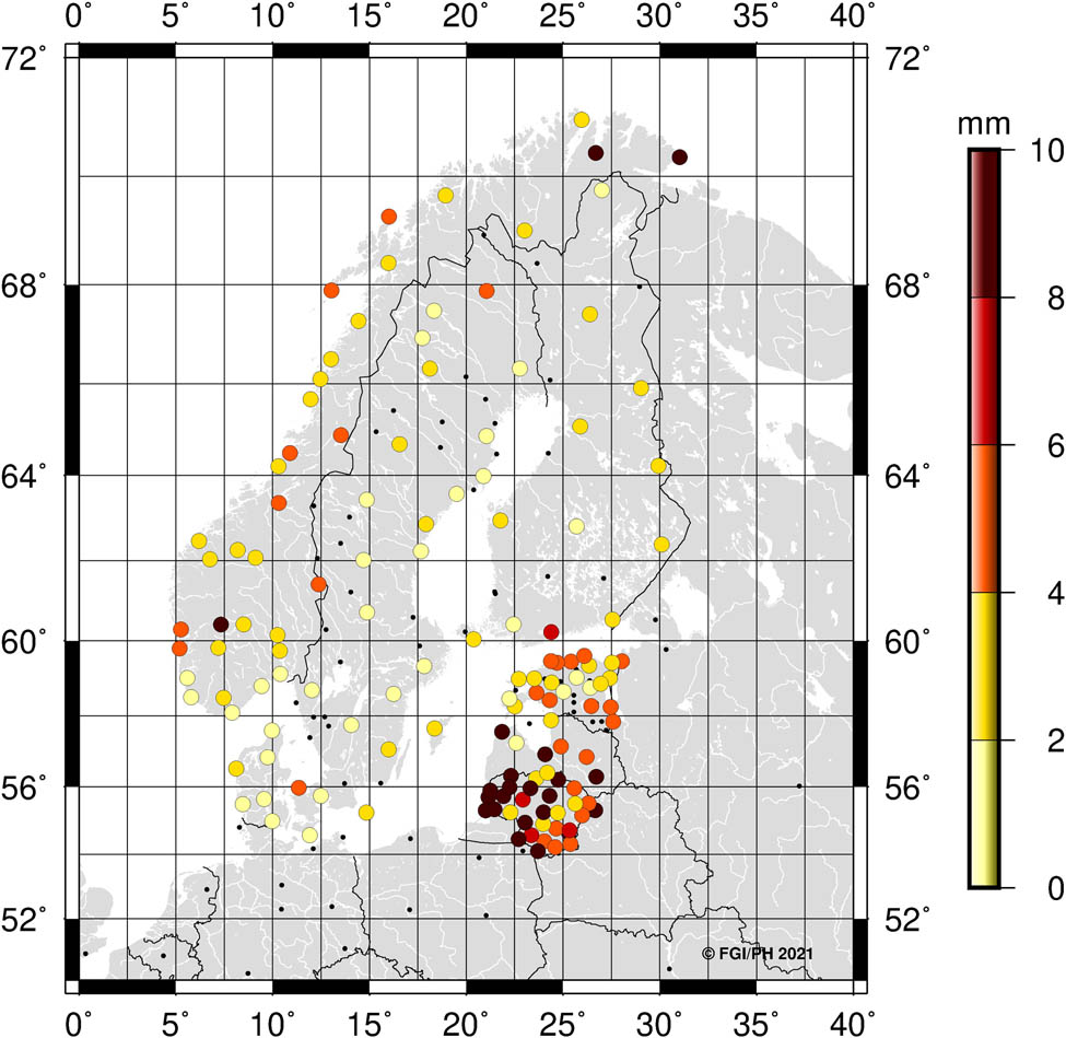 Figure 3
National residuals in 3D at the transformation reference epoch (2000.0). For the Norwegian case, values refer to coordinate differences between transformed and official national coordinates.