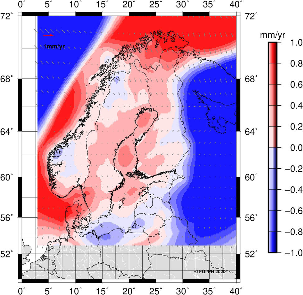 Figure 6 
                  NKG_RF17vel minus NKG_RF03vel_ETRF2000 (used in the NKG2008 transformation). NKG_RF03vel_ETRF2000 model was transformed to ETRF2014 before comparison to account for reference frame differences. Horizontal differences shown with grey vector and vertical differences with color map.
               