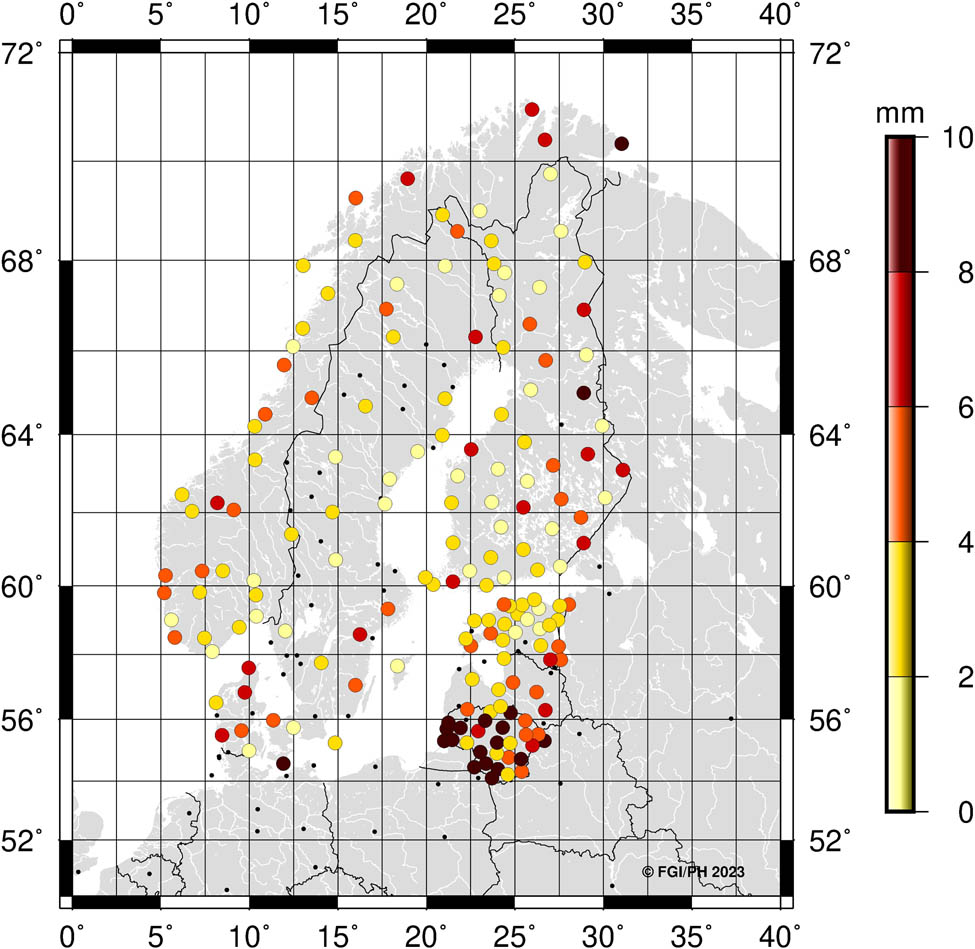 Figure 8
NKG_Repro1_upd2020@2015.0 transformed to the national ETRS89 realizations and compared to the official national ETRS89 coordinates. 3D coordinate differences shown in the plot.