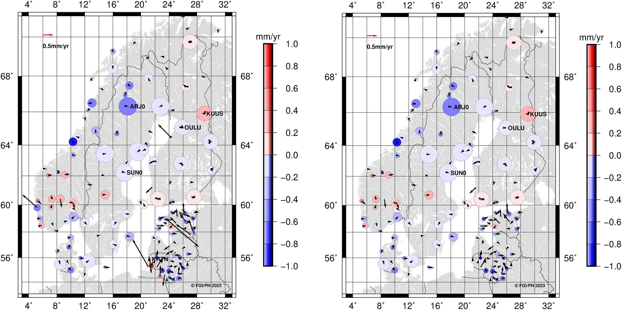 Figure 11
Same as Figure 9 but the circle sizes show the ratio of observations and offsets (number of observations divided by the number of solutions). Results before outlier analysis on the left-hand side and after on the right-hand side. This describes the length of the uninterrupted time series. Increasing number of offsets affects the quality of time series.