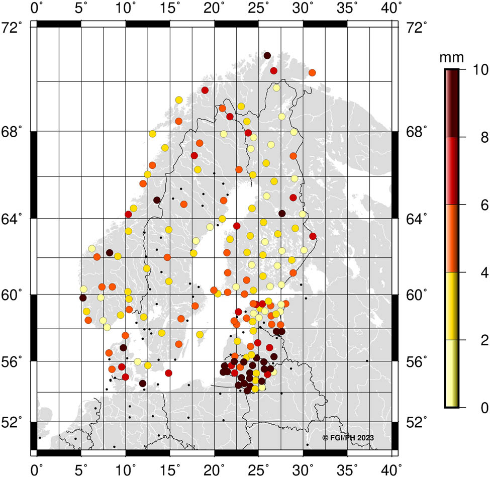 Figure 15
Accuracy today (simple outlier detection applied). IGb14@2023.0 transformed to the national ETRS89 realizations and compared to the official national ETRS89 coordinates.