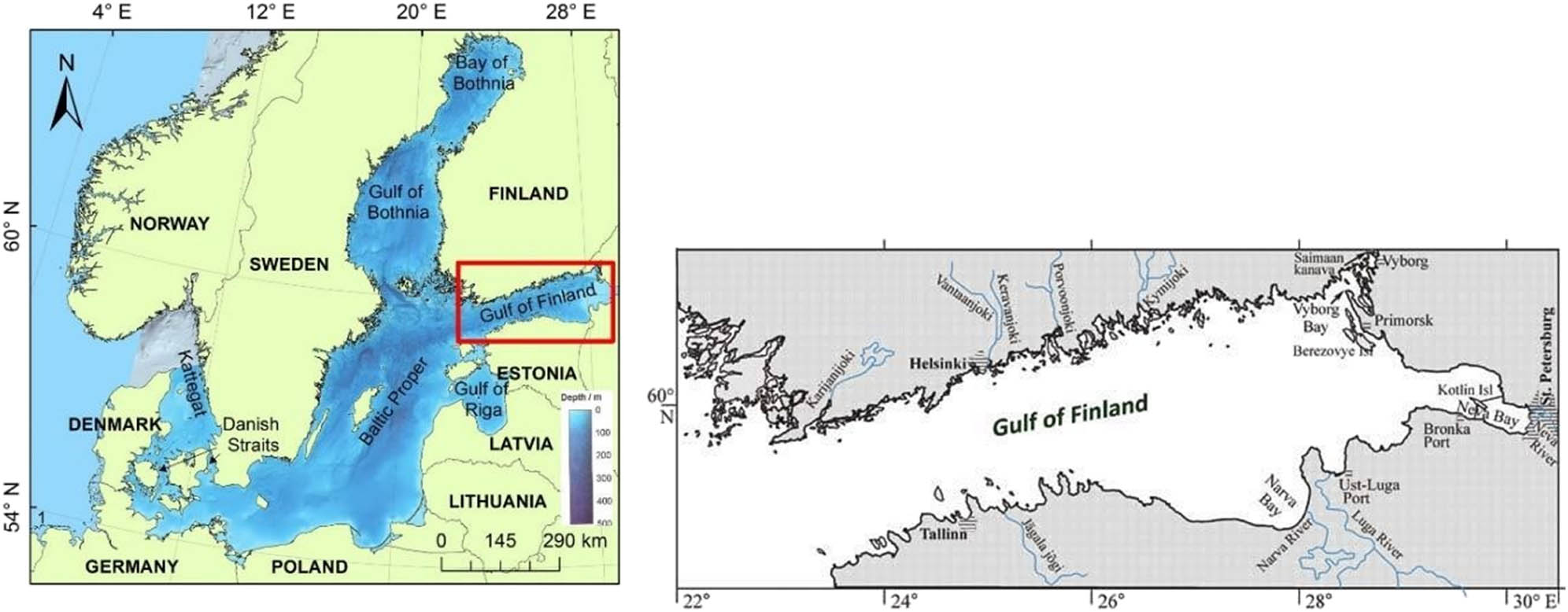 Figure 4
Location of the study area (red rectangle): (left) the Baltic Sea region with bathymetry (HELCOM, 2018) and (right) Gulf of Finland including its largest rivers Neva, Kymi (Kymijoki), Narva, and Luga (Emelyanov et al., 2017).